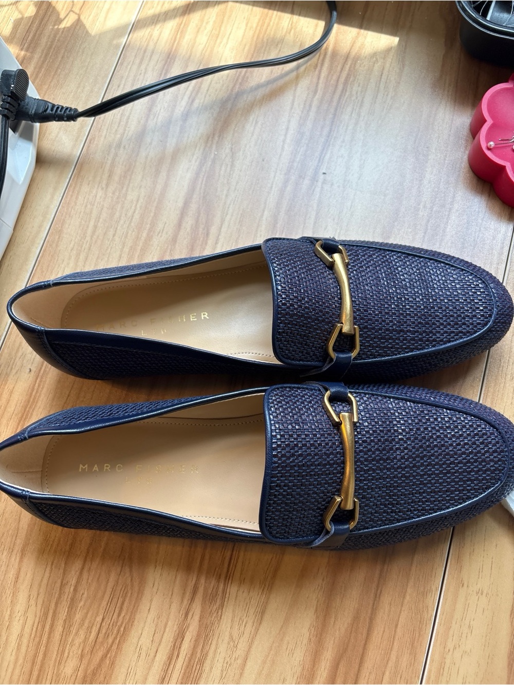 Marc Fisher Navy Woven Leather Bit Slip-On Loafers